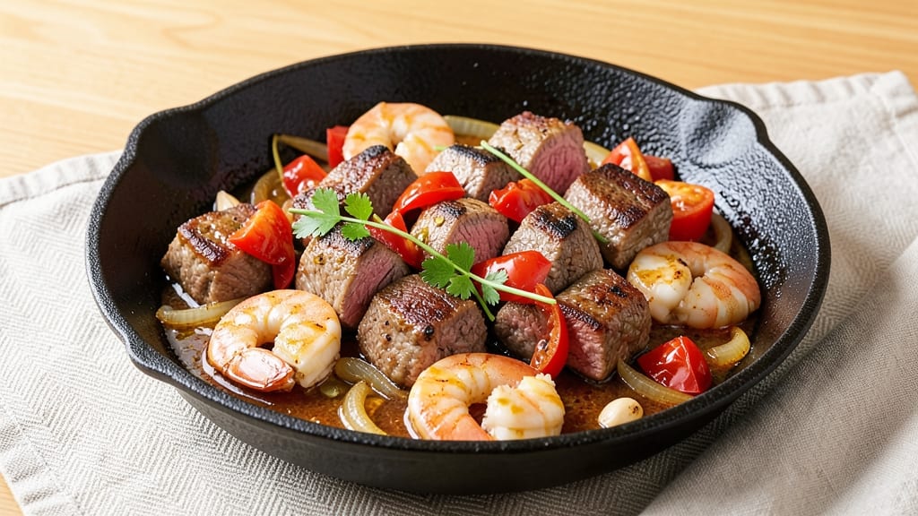 Beef and Shrimp Recipe: Spiced Tomato Base With Caramelized Onions and Garlic
