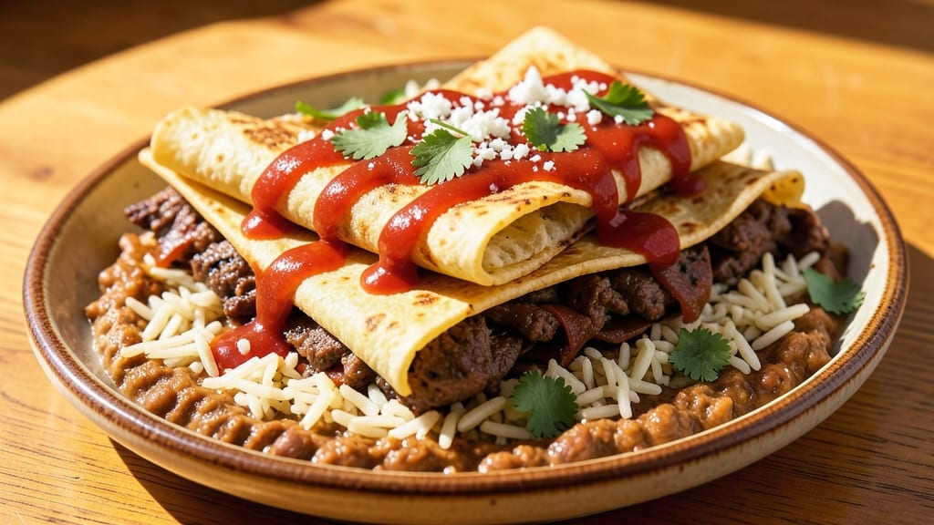 Beef Bean and Rice Enchiladas Recipe: Smoky Tortilla Layers With Melty Cheese Rivers