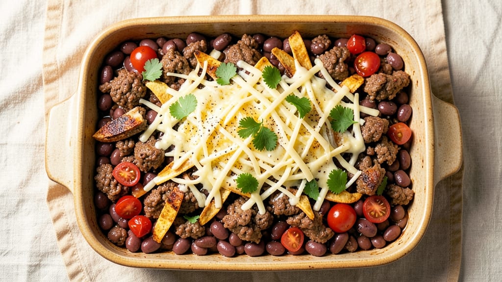 Beef and Bean Taco Casserole Recipe: Crispy Tortilla Top, Cheesy Layers