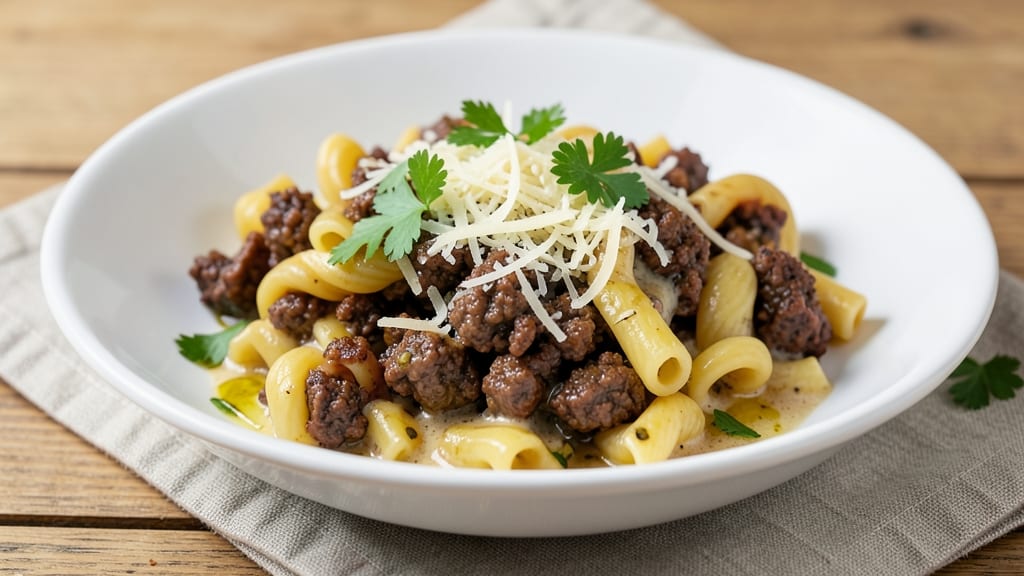Beef and Rotini in Garlic Parmesan Sauce Recipe: One-Pan Cheesy Pasta Magic