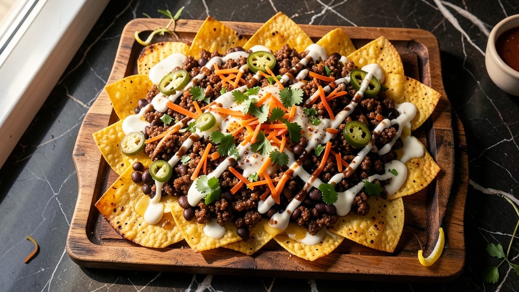 Beef Bean Cheese Nachos Recipe: Crispy Tortilla Bites with Three Cheese Rivers
