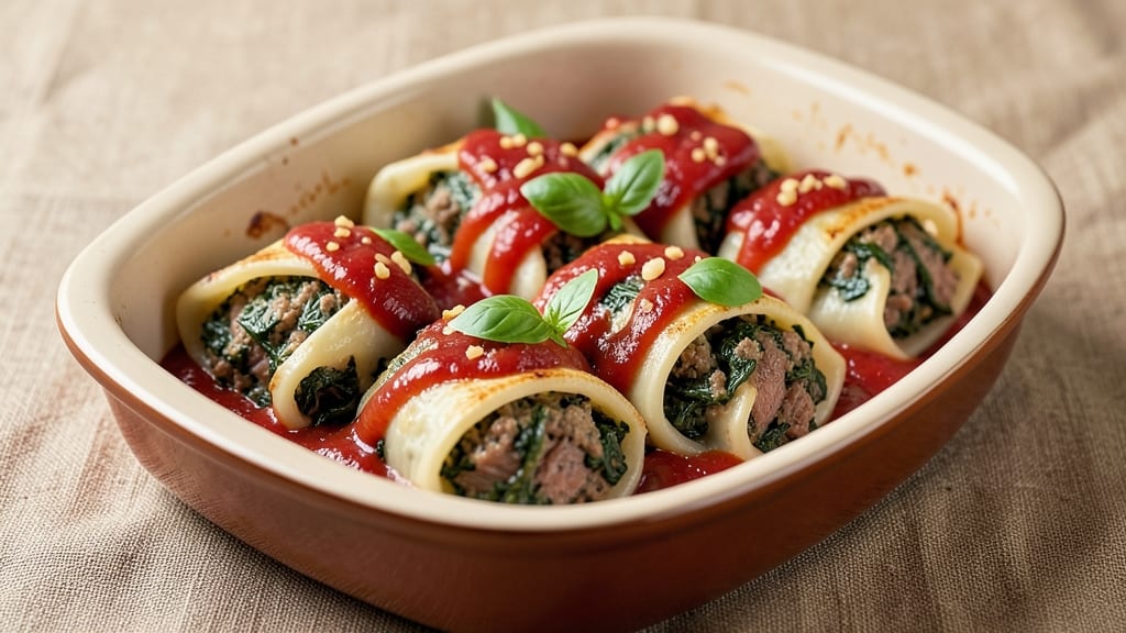 Beef and Spinach Cannelloni Recipe: Baked Pasta Layers With Rich Meat and Herb Sauce