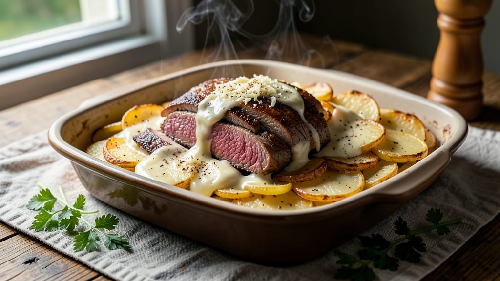 Beef and Potato Au Gratin Recipe: Crispy Top, Melty Cheese Layers