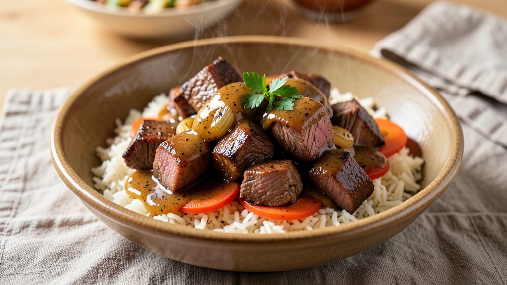 Beef and Gravy Over Rice Recipe: Savory Meat Crust Over Pillowy Rice
