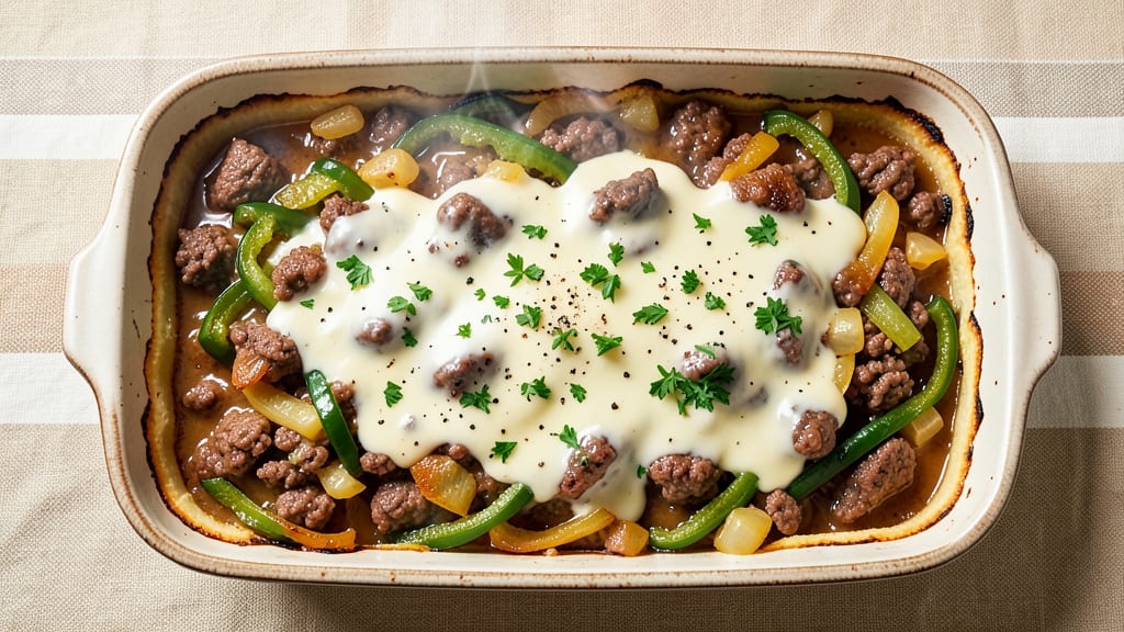 Beef and Green Pepper Casserole Recipe: Cheesy Crispy Top With Herby Pepper Bites