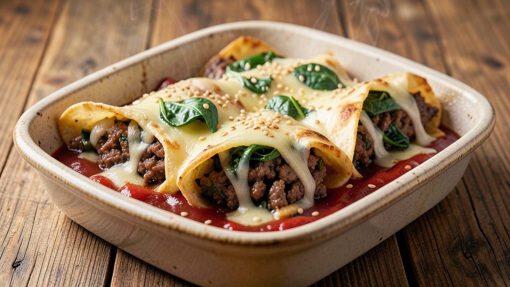 Beef and Spinach Enchiladas Recipe: Smoky Tortilla Layers With Creamy Cheese Rivers